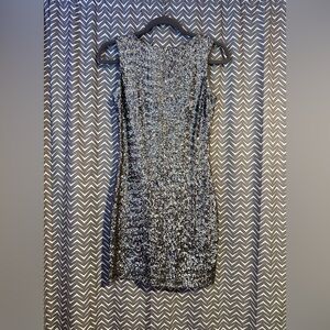 Dress The Population | Silver Sequined Mini Deep V Back Dress, Size M